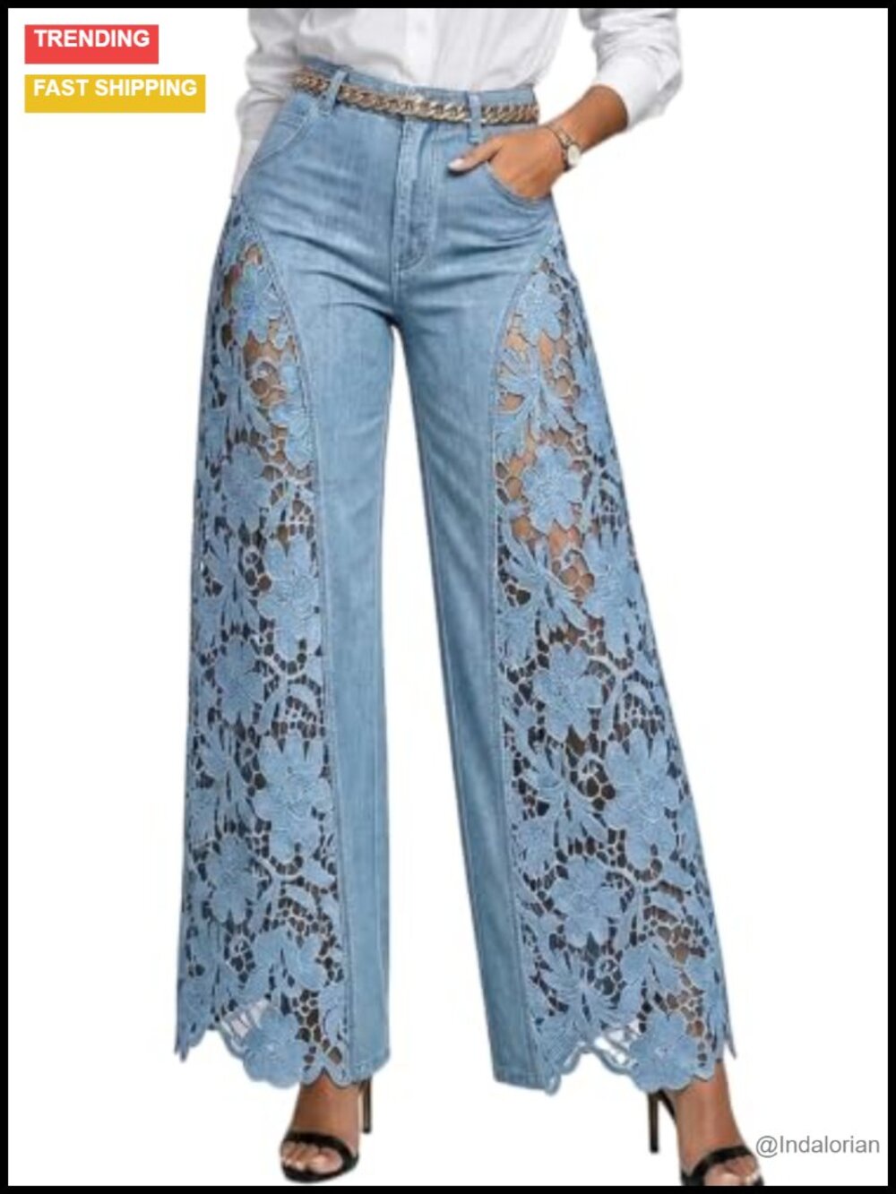Wide Leg High Waisted Jeans with Floral Lace Patchwork